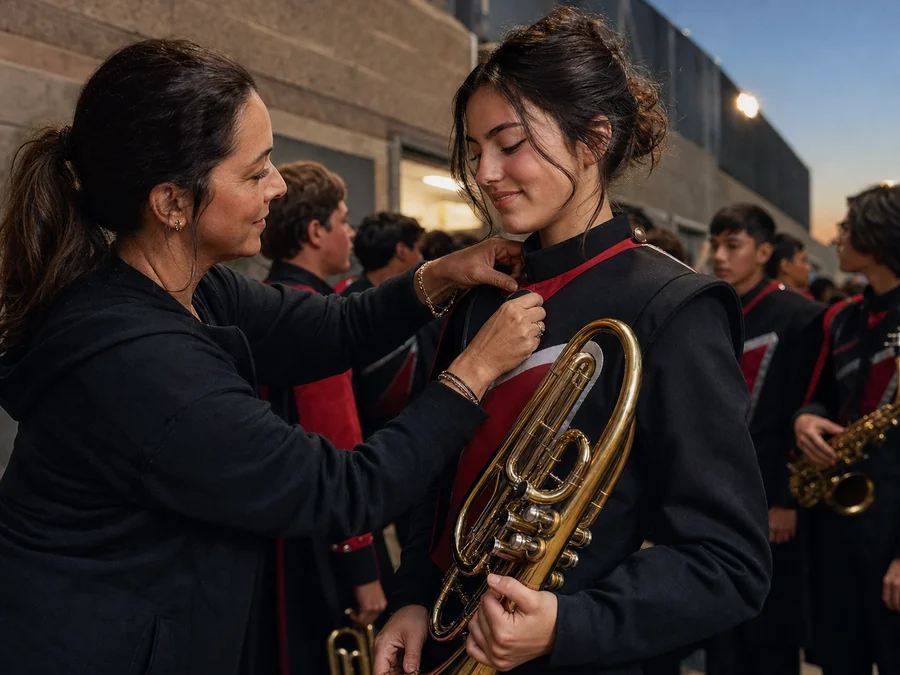A parent helping her high-school student prepare for a marching band performance